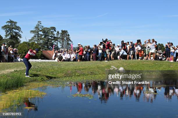 Yuka Saso of Japan plays her third shot on the 18th hole during the Final Round of the Amundi Evian Championship at Evian Resort Golf Club on July...