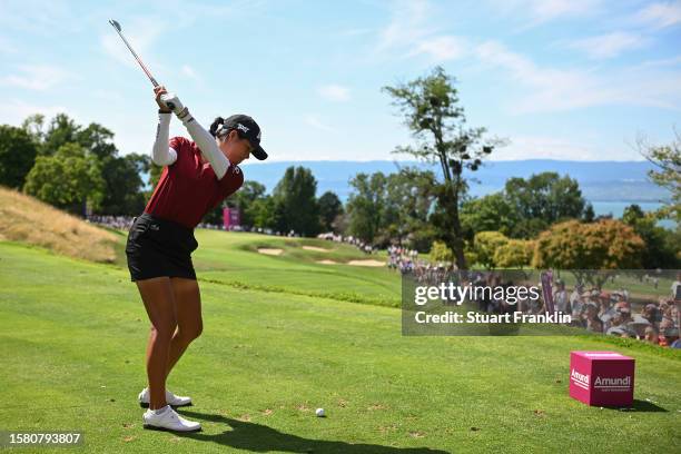 Celine Boutier of France tees off on the 14th hole during the Final Round of the Amundi Evian Championship at Evian Resort Golf Club on July 30, 2023...