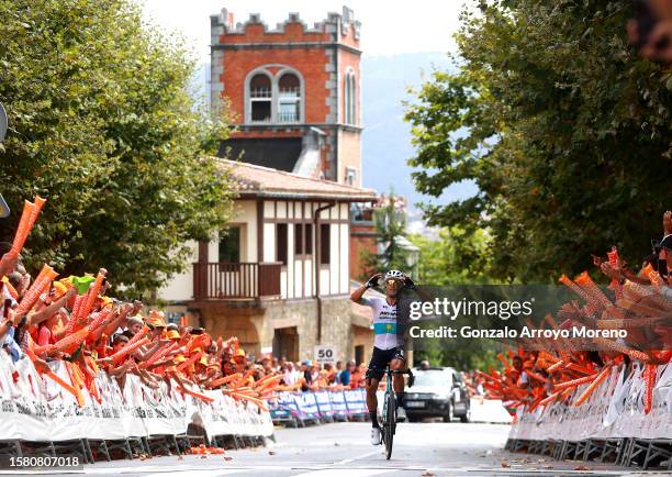 Alexey Lutsenko of Kazakhstan and Astana Qazaqstan Team celebrates at finish line as race winner during the 78th Circuito de Getxo - Memorial...