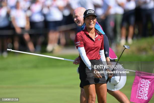Celine Boutier of France celebrates following victory in the Amundi Evian Championship at Evian Resort Golf Club on July 30, 2023 in Evian-les-Bains,...