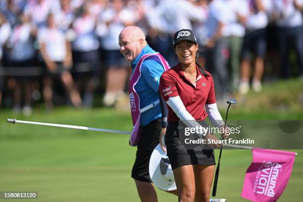 Celine Boutier of France celebrates following victory in the Amundi Evian Championship at Evian Resort Golf Club on July 30, 2023 in Evian-les-Bains,...