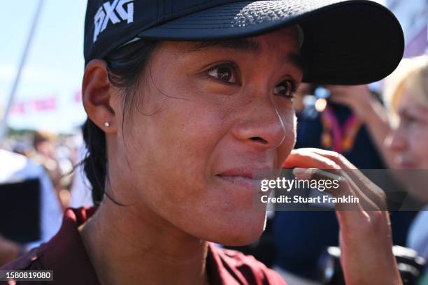 Celine Boutier of France celebrates following victory in the Amundi Evian Championship at Evian Resort Golf Club on July 30, 2023 in Evian-les-Bains,...