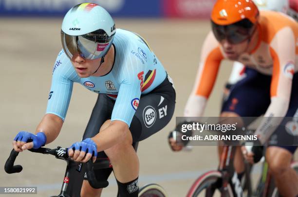 Belgium's Fabio van den Bossche takes part in the men's Elite Omnium Scratch Race at the Sir Chris Hoy velodrome during the UCI Cycling World...