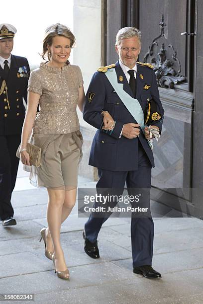 Crown Prince Phillipe, And Crown Prince Mathilde Of Belgium Arrive For The Christening Of Princess Estelle At The Royal Chapel, In The Royal Palace...