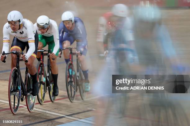 Spain's Sebastian Mora Vedri takes part in the men's Elite Omnium Scratch Race at the Sir Chris Hoy velodrome during the UCI Cycling World...