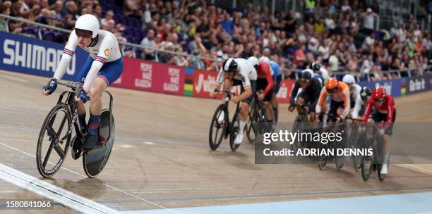 Great Britain's Oliver Wood comes second in the men's Elite Omnium Scratch Race at the Sir Chris Hoy velodrome during the UCI Cycling World...