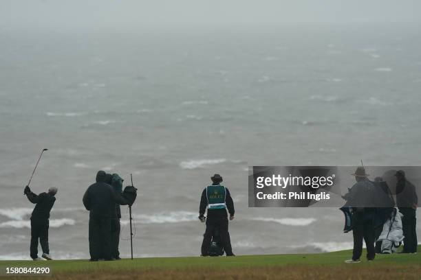 Greig Hutcheon of Scotland in action during Day Four of The Senior Open Presented by Rolex at Royal Porthcawl Golf Club on July 30, 2023 in Bridgend,...