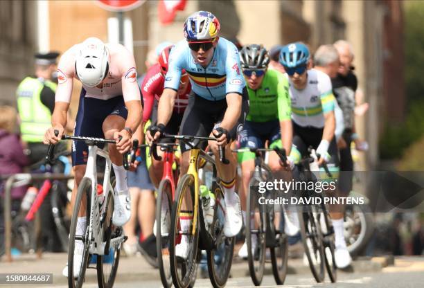 Dutch Mathieu van der Poel, Belgian Wout van Aert and Slovenian Tadej Pogacar pictured in action during the men elite road race at the UCI World...