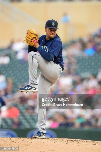 Luis Castillo of the Seattle Mariners pitches against the Minnesota Twins on July 24, 2023 at Target Field in Minneapolis, Minnesota.