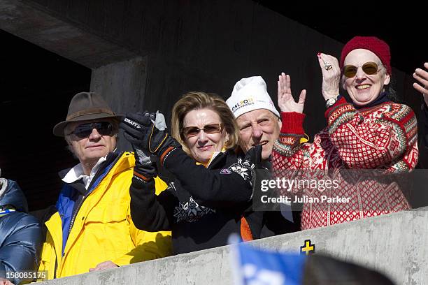 King Carl Gustaf Of Sweden, Queen Sonja, And King Harald Of Norway, And Queen Margrethe Of Denmark Attend The World Nordic Ski Championships, At...