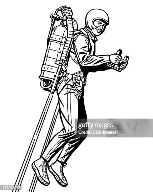 man flying with rocket pack - only mid adult men stock illustrations