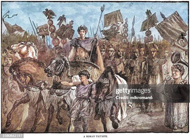 old engraved illustration of the roman triumph (triumphus) a civil ceremony and religious rite of ancient rome, held to publicly celebrate and sanctify the success of a military commander who had led roman forces to victory - ancient roman chariot stock-fotos und bilder