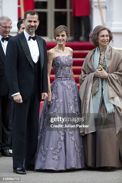 Crown Prince Felipe, Crown Princess Letizia And Queen Sofia Of Spain Attend A Pre Wedding Party, On The Eve Of Prince Williams Wedding To Kate...