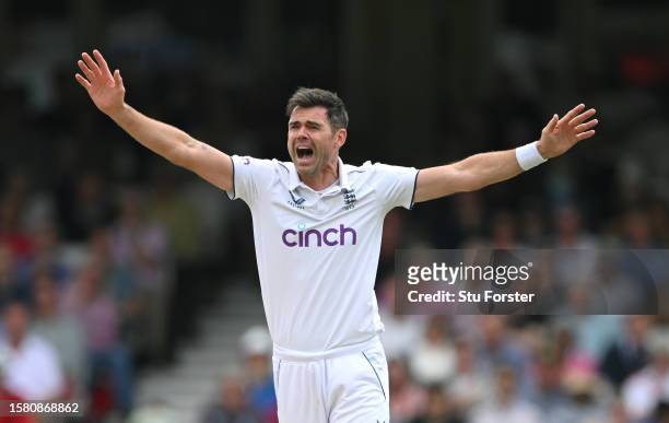 England bowler James Anderson appeals during day four of the LV= Insurance Ashes 5th Test Match between England and Australia at The Kia Oval on July...