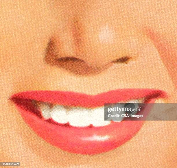 woman's pink lipstick smile - smiling people human teeth stock illustrations