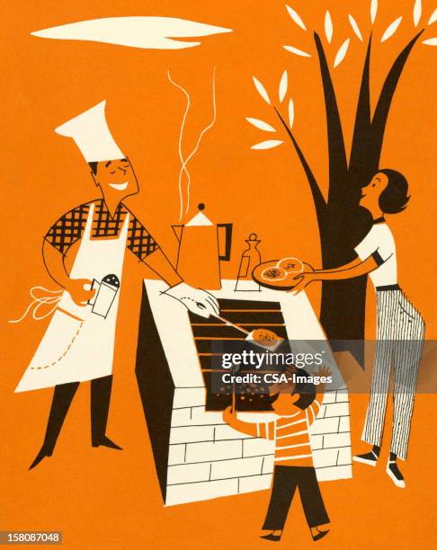 family bbq - couple making dinner stock illustrations
