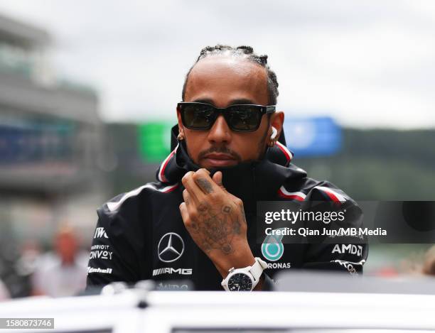 Lewis Hamilton of Great Britain and Mercedes-AMG PETRONAS F1 Team during the drivers parade before the F1 Grand Prix of Belgium at Circuit de...