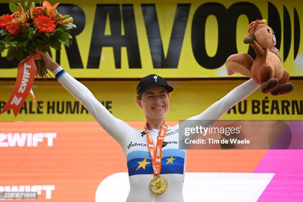 Marlen Reusser of Switzerland and Team SD Worx - Protime celebrates at podium as stage winner during the 2nd Tour de France Femmes 2023, Stage 8 a...