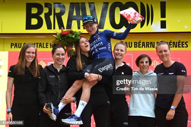 Yara Kastelijn of The Netherlands and Team Fenix-Deceuninck celebrate at podium as most combative rider trophy during the 2nd Tour de France Femmes...