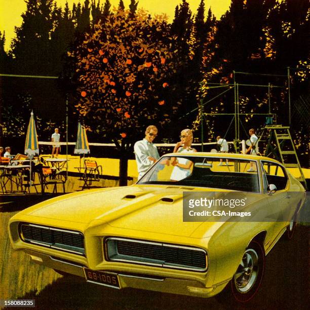 bildbanksillustrationer, clip art samt tecknat material och ikoner med vintage yellow car - table tennis