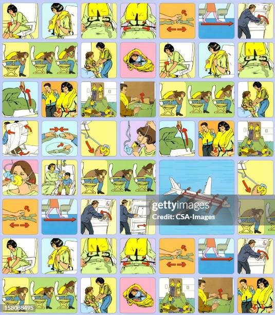 airplane safety brochure - life jacket stock illustrations