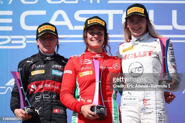 Race winner Marta Garcia of Spain and PREMA Racing , Second placed Lena Buhler of Switzerland and ART Grand Prix and Third placed Lola Lovinfosse of...