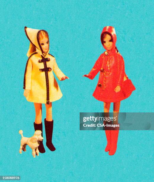 two fashion dolls in rain gear - raincoat stock illustrations