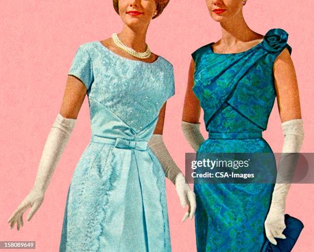 zwei frauen, die abendkleider - eleganter handschuh stock-grafiken, -clipart, -cartoons und -symbole