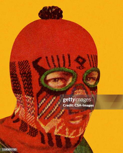 man wearing red face mask - portrait orange background stock illustrations