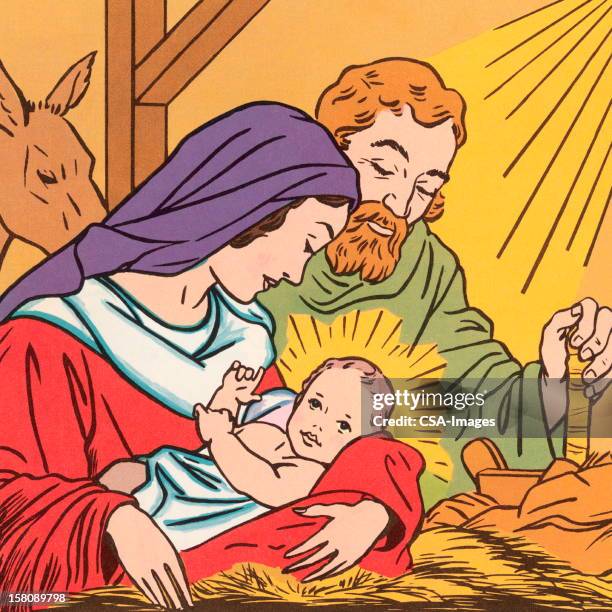 jesus mary and joseph - baby beard stock illustrations