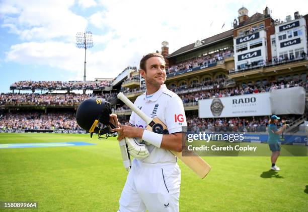 Stuart Broad of England walks out to bat in his last test match, after announcing his retirement from cricket yesterday prior to Day Four of the LV=...