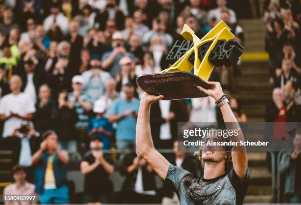Alexander Zverev of Germany celebrates winning during day eight of the Hamburg European Open 2023 at Rothenbaum on July 29, 2023 in Hamburg, Germany.