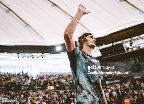 Alexander Zverev of Germany celebrates winning during day eight of the Hamburg European Open 2023 at Rothenbaum on July 29, 2023 in Hamburg, Germany.