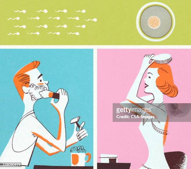 man and woman primping and sperm and egg - woman studio shot stock illustrations