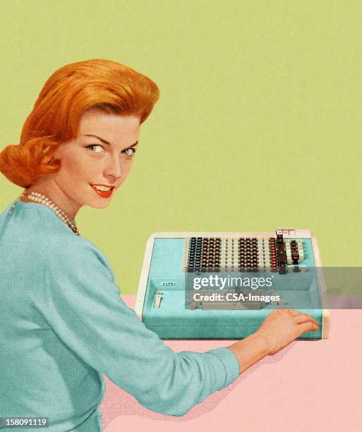 woman with adding machine - businesswoman stock illustrations