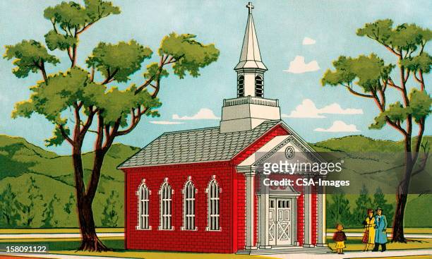 family in front of church - spire stock illustrations