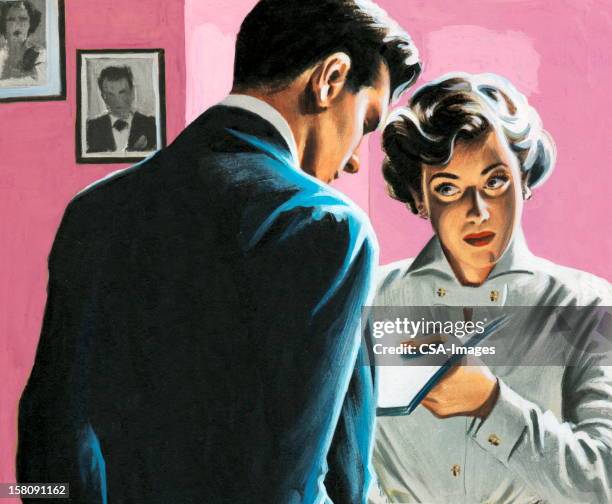 ilustraciones, imágenes clip art, dibujos animados e iconos de stock de mujer dando hombre periódicos - problemas de parejas