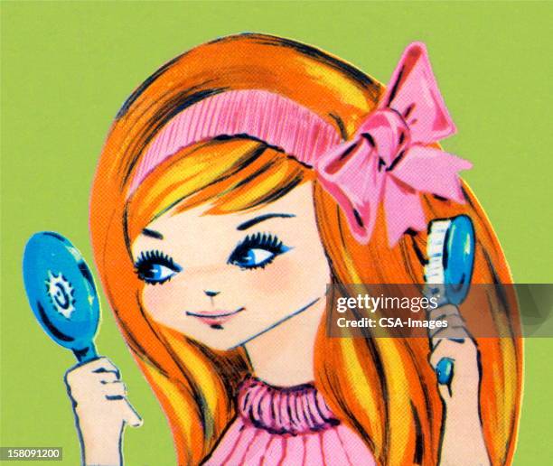 girl brushing her hair - hairbrush stock illustrations