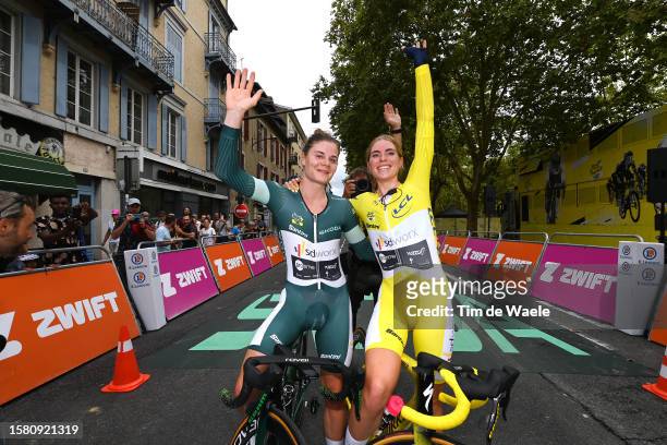 Lotte Kopecky of Belgium - Green points jersey and Demi Vollering of The Netherlands and Team SD Worx - Protime - Yellow leader jersey celebrates at...