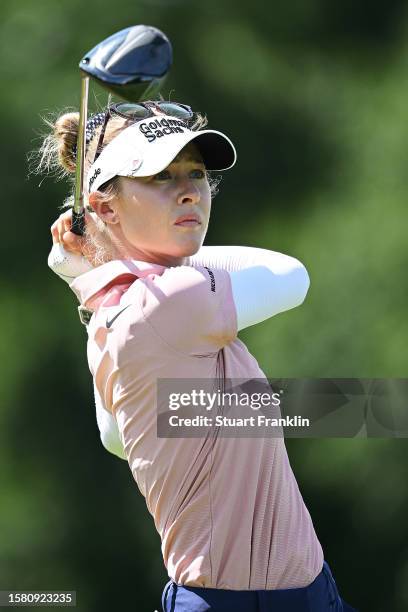 Nelly Korda of the United States tees off on the 13th hole during the Final Round of the Amundi Evian Championship at Evian Resort Golf Club on July...