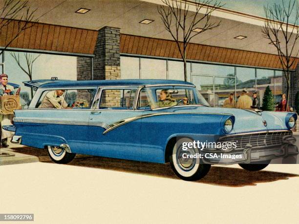 two tone blue vintage car at grocery store - station wagon stock illustrations