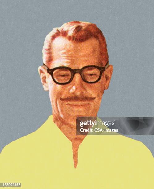 mustache man wearing glasses - headshot gray background stock illustrations