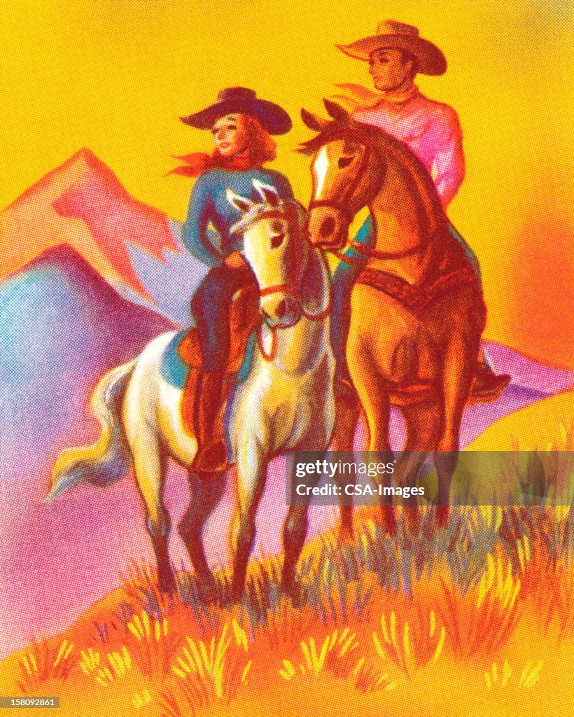 Cowboy and Cowgirl Riding Horses