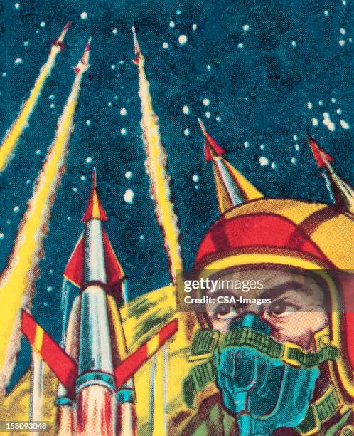 astronaut and rockets launching - oxygen mask stock illustrations