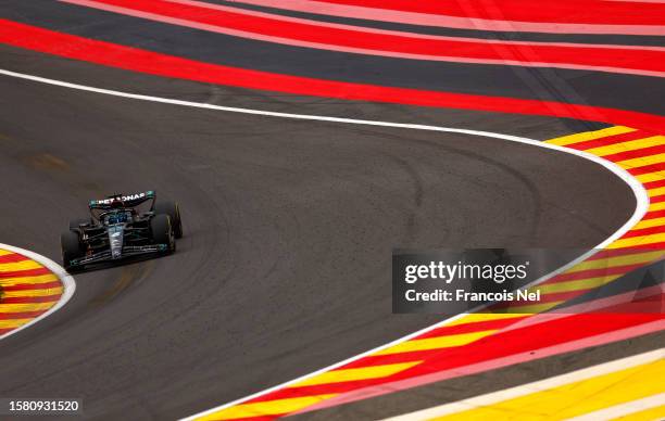 George Russell of Great Britain driving the Mercedes AMG Petronas F1 Team W14 on track during the F1 Grand Prix of Belgium at Circuit de...