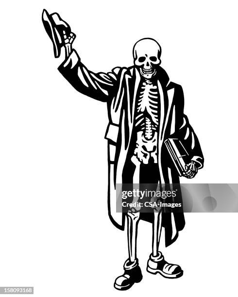 skeleton with hat and coat - trench coat stock illustrations