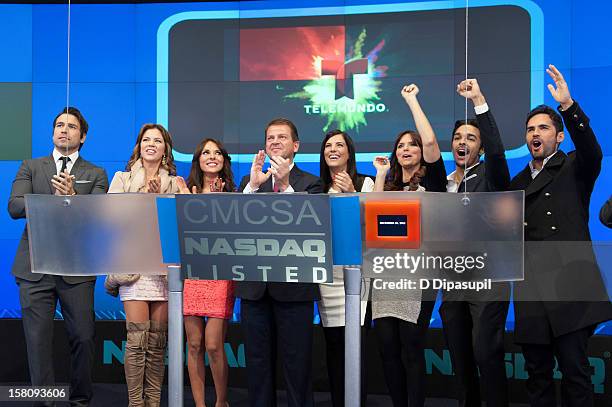 Rafael Amaya, Ximena Duque, Vanessa Villela, Telemundo Media president Emilio Romano, Gaby Espino, Rashel Diaz, Shalim, and Fabian Rios attend the...