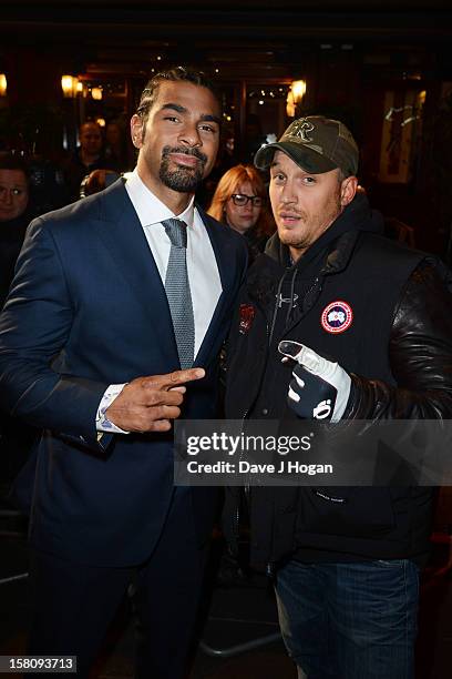 David Haye and Tom Hardy attend the world premiere of "Jack Reacher" at The Odeon Leicester Square on December 10, 2012 in London, England.