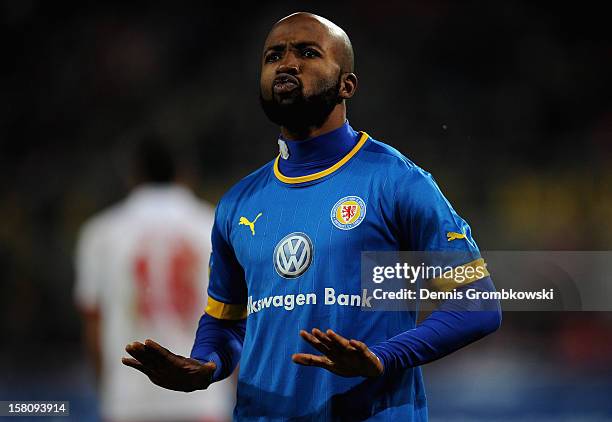 Dominik Kumbela of Braunschweig celebrates after scoring his team's first goal during the Bundesliga match between 1. FC Koeln and Eintracht...