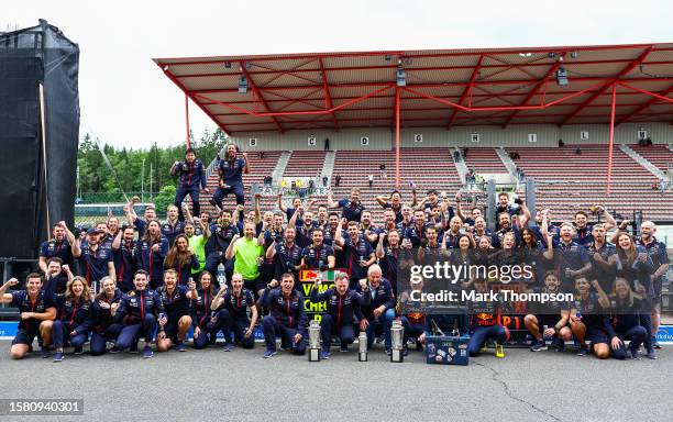 Race winner Max Verstappen of the Netherlands and Oracle Red Bull Racing, Second placed Sergio Perez of Mexico and Oracle Red Bull Racing and the Red...